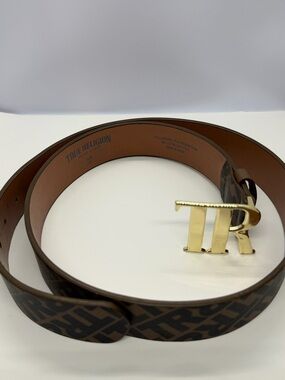 True Religion Brown Monogram Leather Belt with Gold Buckle